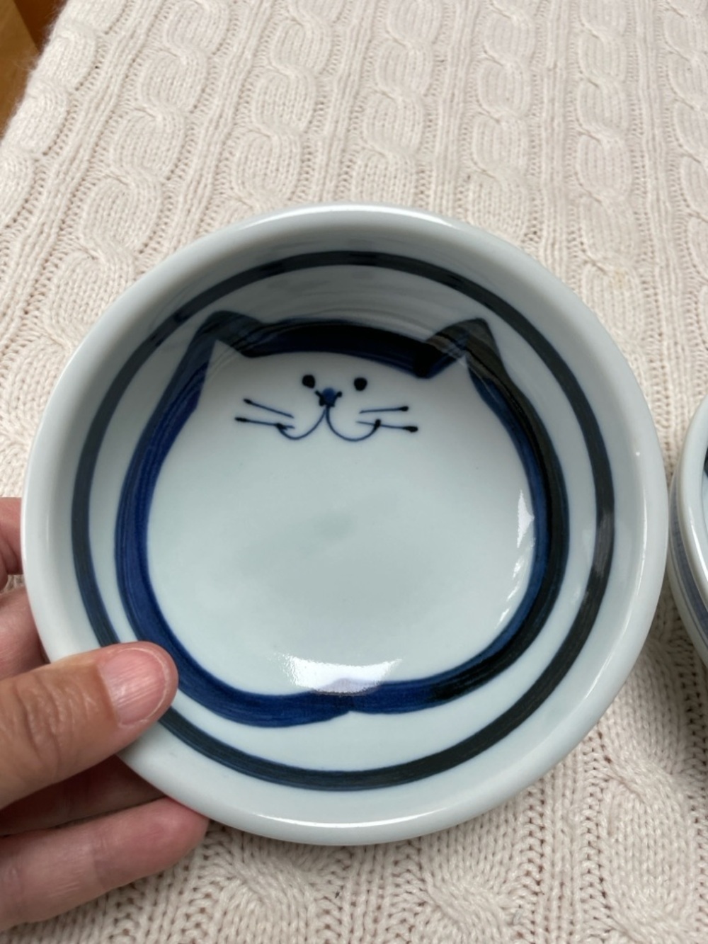 Ceramic Cat Face Pet Bowls set of 2 food/water- Cobalt Blue and White Japanese - Picture 3 of 9